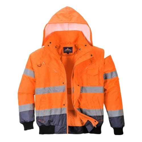 Image of Portwest C465 Hi-Vis 3-in-1 Waterproof Contrast Hooded Bomber Jacket with Pockets - Reflective Outdoor Safety Security Workwear Coat, Orange/Navy, L
