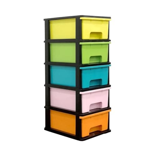 Image of ABBAware Plastic Storage Tower Unit with Wheels, Home Organisation Storage Drawers, 5 Drawers Pastel Assorted Colours