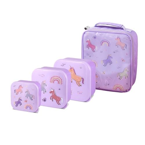 Image of Girls Lunch Bag, Set of 3 Nesting Snack Boxes, Tiny to Tots Kids Set, Back to School, Lunch Box with Multi Compartments, Snack Storage (Unicorn Nested Boxes + Lunch Bag)