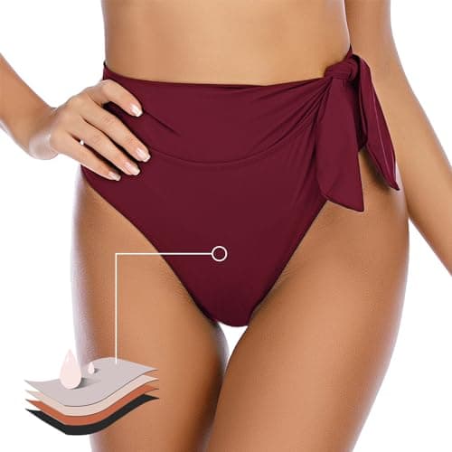 Image of JFAN Women's High Waisted Bikini Bottoms Ruched Tummy Control Swimsuits Adjustable Low-Rise Swim Shorts，Burgundy，S