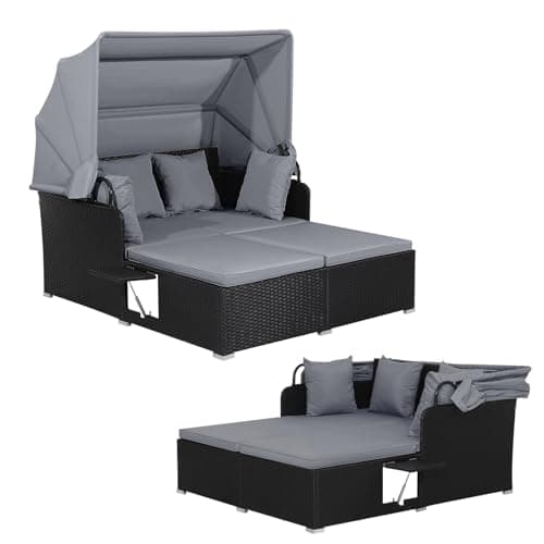 Image of Multigot 2 Seater Rattan Daybed, Patio Double Wicker Recliner Sunbed with Retractable Canopy, 2 Folding Tables and Cushion, Outdoor Chaise Lounger Garden Furniture for Balcony Backyard (Grey)
