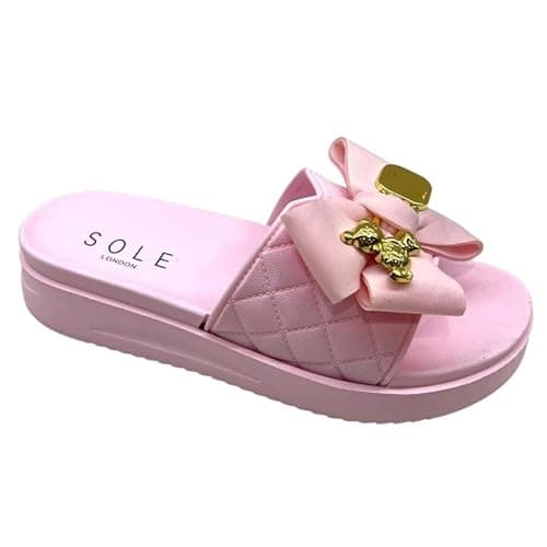 Image of sole london Ladies Mid Wedge Flatform Mules Sandals with Bow - Women's Footwear - Girl Comfort Summer Footwear_ PINK 4