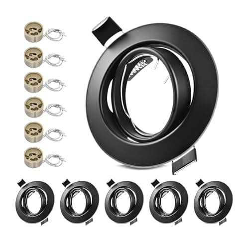 Image of LteelDay 6-Pack Matte Black Adjustable Recessed GU10 Light Frames – 30° Swivel Round Ceiling Mount, 90x90mm, Cut-Out 68-80mm, Includes 6 VDE Sockets