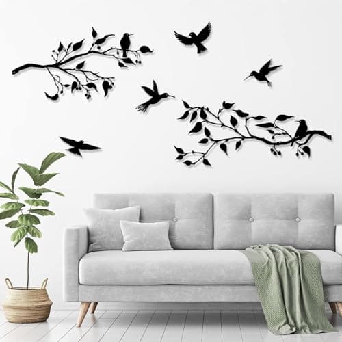 Image of Pduoduo 4PCS Large Metal Birds on Branch Wall Art Decor,Birds Silhouette Wall Decor,Black Leaves with Bird Silhouette Sculpture for Balcony Garden Decor