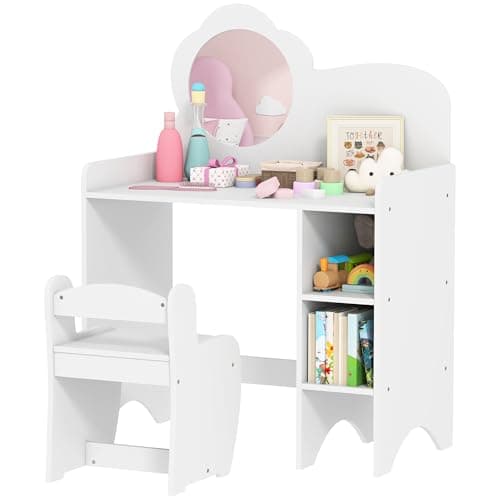 Image of AIYAPLAY Kids Dressing Table with Mirror and Stool, 2 in 1 Girls Dressing Table with Storage Shelves, Toddlers Make Up Desk, for Ages 3-8 Years, White