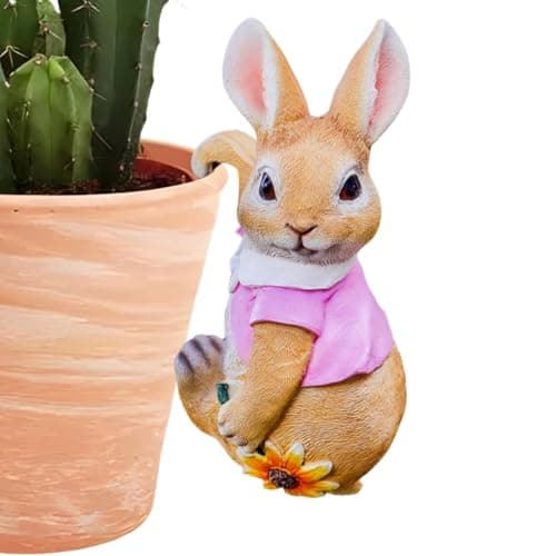 Image of PEIQICHU Cute Rabbit Plants Pot Hanger Resin Easter Bunny Statue Flower Pot Planter Hanging Decorative Bunnies Wear Pink Cloth Sculptures Outdoor Garden Lawn Ornaments Home Office