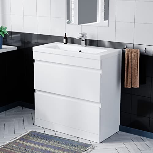Image of Minimalist 800 Freestanding Gloss White Basin Vanity Sink 2 Drawers