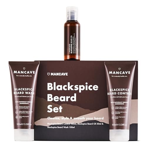 Image of ManCave Blackspice Beard Gift Set with 3 Beard Grooming Essentials, For a thicker, more healthier beard, Vegan Friendly, Tubes made using Recycled Plastics, Made in England