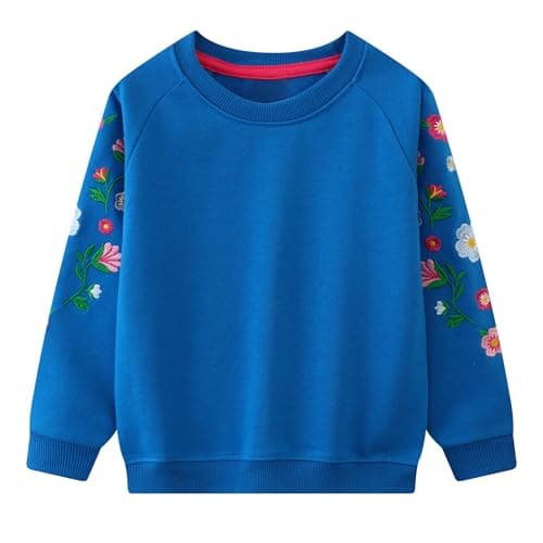 Image of Dioshark Sweatshirts Girls Blue Jumpers with Long Sleeve Cotton Embroidery Floral Pattern Kid Pullover Crewneck Spring Autumn T-shirt Casual Sports Tops for Children Age 3-4 Years