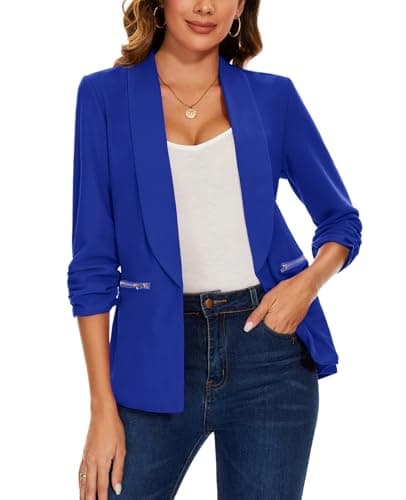 Image of MINTLIMIT Ladies Open Front Blazer Coat Tailored Elegant Suit Jacket with Zipper Pockets (Blue S)