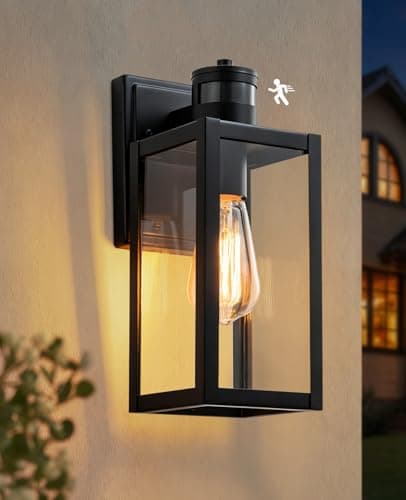 Image of FTL Motion Sensor Outdoor Wall Lights, Upgraded Dusk to Dawn Outdoor Lighting, Black Outside Wall Sconce with Sensor, E27 Porch PIR Sensor Wall Lantern, IP44 Exterior Security Light for Garden Patio