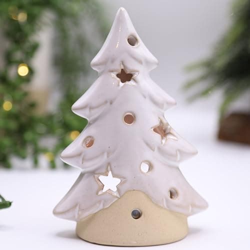 Image of Beige Ceramic Tree Tealight Holder with Stars Cut Out Christmas Festive Decor (Medium)