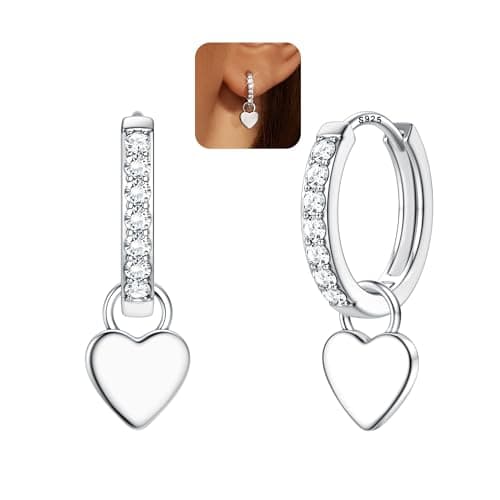 Image of FIOROYAL 925 Sterling Silver Heart Charm Hoop Earrings for Women Girls | Hypoallergenic Lightweight Silver Love Heart Drop Dangle Huggie Charm Earrings Shiny CZ Huggie Hoop Earring Silver