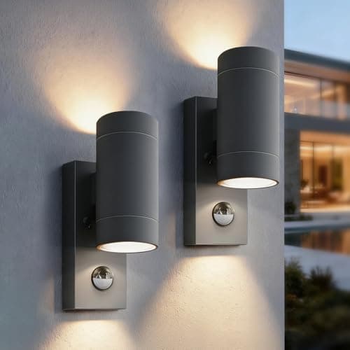 Image of PIR Outdoor Wall Lights,IP65 Waterproof Up and Down Lights Outdoor with Motion Sensor,Aluminium Outside Wall Lights Mains Powered GU10,Exterior Wall Lamp for Front Door,Porch,Patio,Anthracite,2 Pack