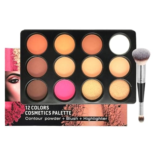 Image of Dynaeuty 12 Colors Blush Contour Highlighter Makeup Palette with Brush, Matte Face Blush Powder for Cheek, Bright Shimmer Bronzer Professional Facial Beauty Makeup Blushes Set - D