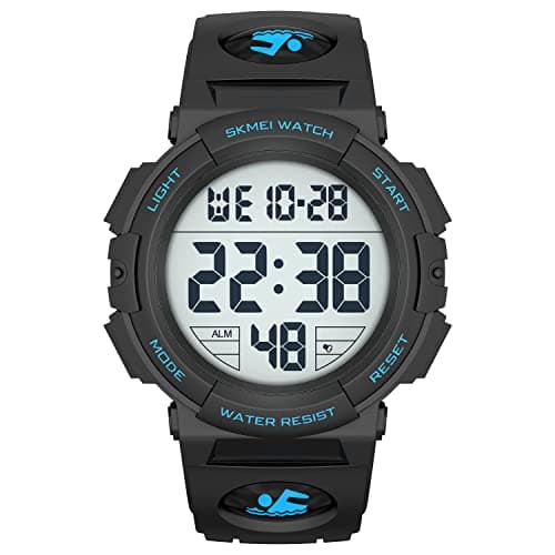 Image of GOLDEN HOUR Mens Big Wide Screen Digital Display Waterproof Quartz Sport Watch with Black Resin Strap, blue, Digital