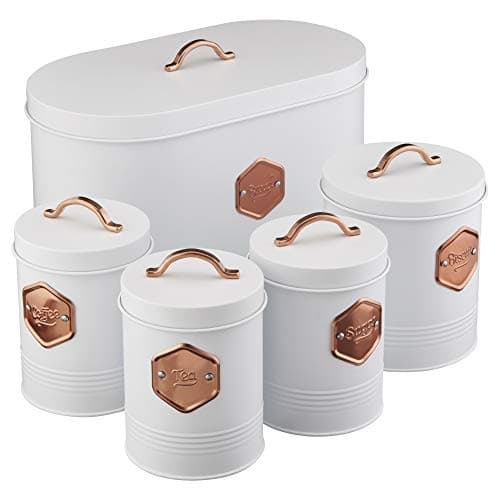 Image of Cooks Professional 5 Piece Tea Coffee Sugar Bread & Biscuit Cannister Set | Labelled Storage Tins | Containers with Airtight Lids | Canisters for Kitchen Accessories & Essentials | White & Copper