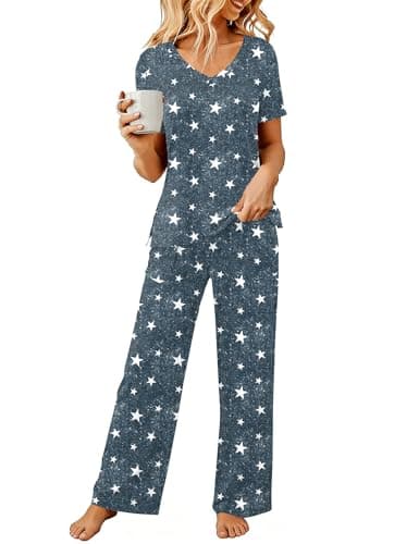 Image of Rapbin Women's Pyjama Sets Nightwear V-Neck Two Piece Pj Sets Loose Fit Casual for Womens with Pockets 2026 (12-14,Star)
