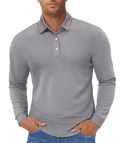 Image of TACVASEN Polo Shirts for Men Adult Long Sleeve Shirts Quick Dry Shirts Lightweight Summer Tops Light Grey,L
