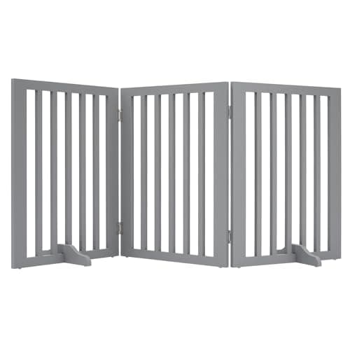 Image of GREENSAPPIRE Wooden Stair Gate for Dogs, Freestanding Foldable Dog Gate Indoor with 2 Support Feet, 3 Panel Pet Gate & Dog Guard for Stairs, Doorways and Hallways (140 W x 60.5 H) (Gray)