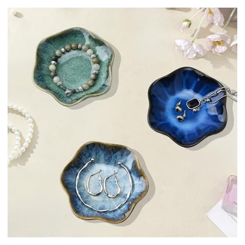Image of YoHyien 3 Pcs Ceramic Jewellery Dish Tray, Decorative Trinket Dish, Flower Shaped Ring Dish, Trinket Tray for Necklace, Bracelet, Earrings, Gifts for Her, Mum, Women (Lagoon + Glacier + Starry)