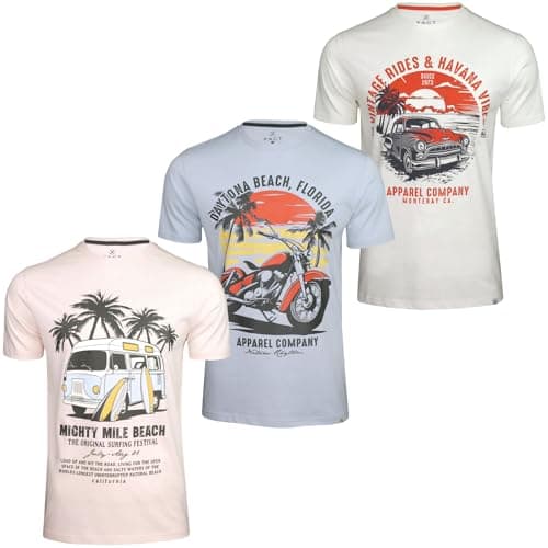 Image of Xact Men's 3-Pack Printed Crew Neck T-Shirt, 100% Cotton, Short Sleeve (3-Pack - Beach - Pink/Celestial Blue/White) M