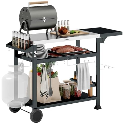 Image of Outsunny Outdoor Grill Dining Cart with Foldable Side table, Stainless Steel Top, Portable BBQ Trolley with 2 Wheels, 6 Hooks, 3-Shelf Movable Food Prep Pizza Oven Table for Kitchen, Patio, Garden