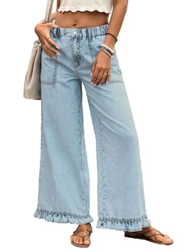 Image of Vaimti Plus Size Women's Wide Leg Denim Jeans, Elastic Waist, Ruffle Hem, Casual Palazzo Pants with Pockets (UK, Alpha, L, Plus, Regular, Light Blue)