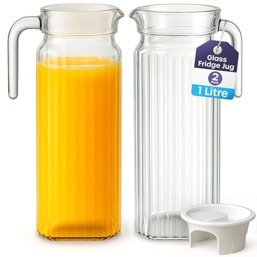 Image of Fridge Jug 1L Glass Water Jug with Lid (2 Pack) - Clear Water Pitcher with Ribbed Glass Design & Handle for Fridge Shelf & Everyday Use with Vented Spout - Juices, Pimms & Picnics