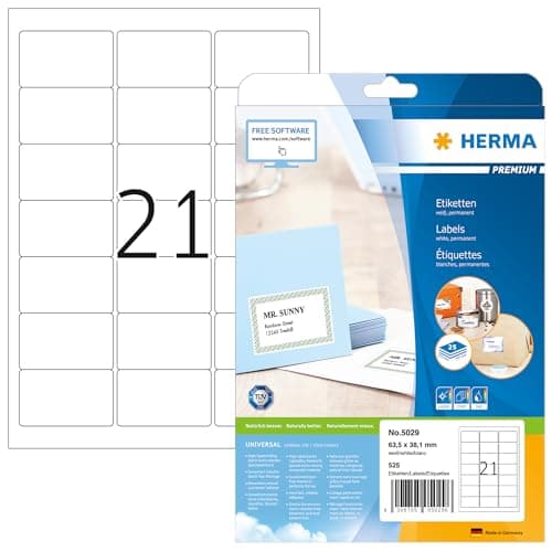 Image of HERMA Self Adhesive Address Labels, 21 Labels per A4 Sheet, 25 Sheets, 63.5 x 38.1 mm, 525 Labels, Blank Mailing Labels Stickers, Sticky Labels for Laser & Inkjet Printer, White