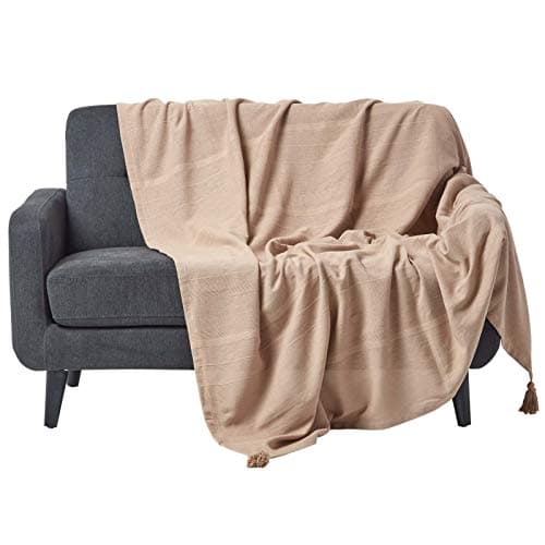 Image of HOMESCAPES - Rajput Ribbed Throw/Bedspread - 150 x 200 cm (60 x 80 Inches) - Plain Beige - Handmade 100% Cotton - Suitable for most 1 Seater Sofas and Single beds - Easy care washable at home