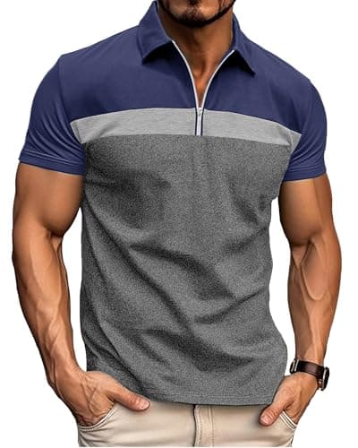 Image of Ryehack Men's 1/4 Zip Polo Shirt Short Sleeve, Raglan & Contrast Design - Casual & Golf T-Shirt, Blue+Grey, L