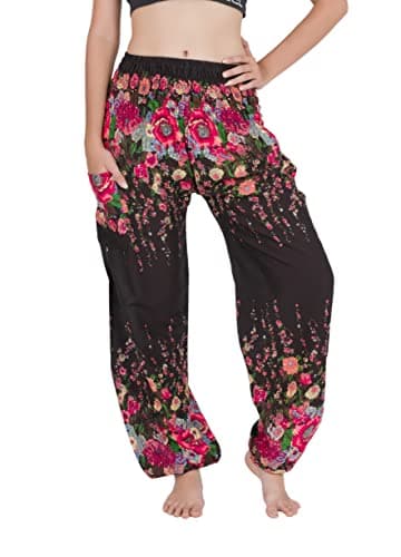 Image of CHAINUPON Harem Trousers Women Boho Loose Yoga Pants Casual Bohemian Hippie Lounge Elephant Pyjamas Bottoms (L-XL, Black Flowers)