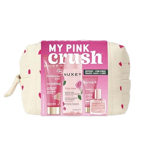 Image of Nuxe My Pink Crush Gift Set of 5 (£33 Value) – Micellar Water Makeup Remover, Floral Shimmering Dry Oil, Glow Boosting Cream, Detox Mask & Toiletry Bag – Mini Travel Skincare Kit for Women