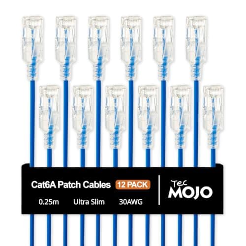 Image of Tecmojo Ultra Thin Ethernet Patch Cable 0.5M, 12 Pack, CAT6A UTP 10 Gigabit LAN Network Cable, 30AWG LSZH RJ45 Patch Cord Blue