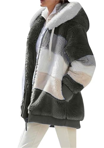 Image of ZICUE Womens Loose Patchwork Fashion Long Sleeve Fleece Lined Outerwear Color Block Quilted Oversized Coat Fluffy Cozy Sweatshirt Coat Army Green XL