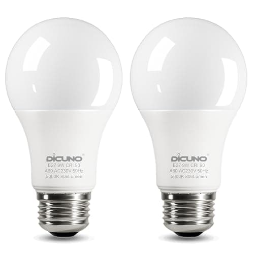 Image of DiCUNO E27 Screw LED Bulb 9W, Daylight White 5000K, 60 Watts Halogen Equivalent, Large Screw in Light Bulb, 806LM, Non-Dimmable, ES High CRI 90 Lightbulbs for Lamp, 2 Pcs