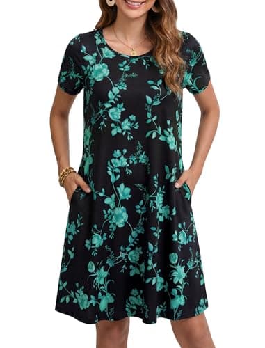 Image of Enmain T-Shirt Dress with Pockets Summer Short Sleeve Tunic Dress Causal Boho Knee Length Dresses for Women UK, Floral Green, 2XL