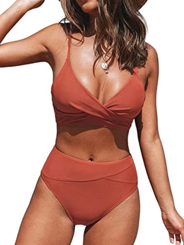 Image of CUPSHE Women's Twist Front High Waisted Bikini Set V Neck Padded Two Pieces Bathing Suits Swimsuits Red S