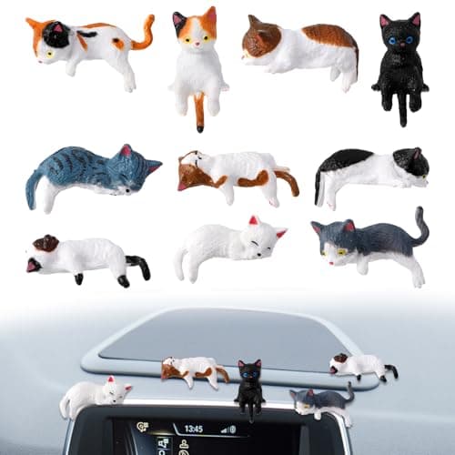 Image of Ouligay 10PCS Mini Cat Figurines, Cute Cat Car Dashboard Decorations Cats Interior Accessories for Computer Monitor Mirror Home Desk Office Decorative for Cats Lovers, Funny Resin Animal Figurines