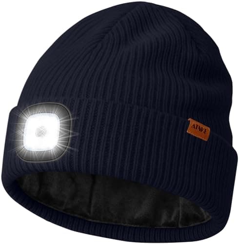 Image of ATNKE LED Lighted Beanie Hat with Lined Fleece, USB Rechargeable 4 LED Running Headlamp Ultra Bright Hands Free Head Torch Winter Warm Wooly Knit Skull Cap Gifts for Men and Women/Navy Blue