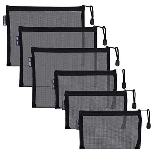 Image of Nylon Mesh Cosmetic Zipper Bags, 6PCS Black Makeup Pouches Pen Pencil Organizer Case for Travel Purse Diaper Bag (A5 x 3pcs, A6 x 3pcs)