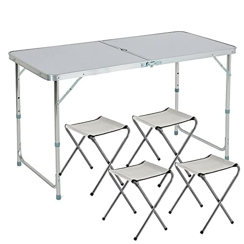 Image of ZENO 4FT Folding Table with 4 Chairs | Camping Table | Adjustable Garden Table | Folding Table & Chairs | Aluminium Table | Great for BBQ Camping Outdoors | Includes 4 Stool Chairs