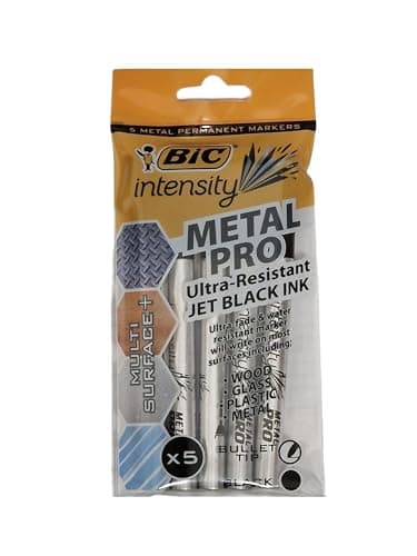 Image of Bic Intensity Metal PRO Permanent Marker Ultra-Resistant Jet, Multi Surface, Fine Point, Black Ink, Bullet Point Pens For Wood, Glass, Plastic & Metal (5 PK)