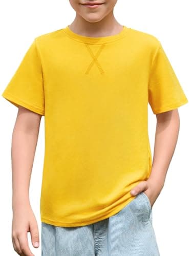 Image of Haloumoning Boys' T-Shirt Short Sleeve Crew Neck Tops Kids Summer Plain Lightweight Top Regular Fit Sports T-Shirts Casual Basic Tees with Chest Pocket 5-14 Years, Yellow, 13-14 Years