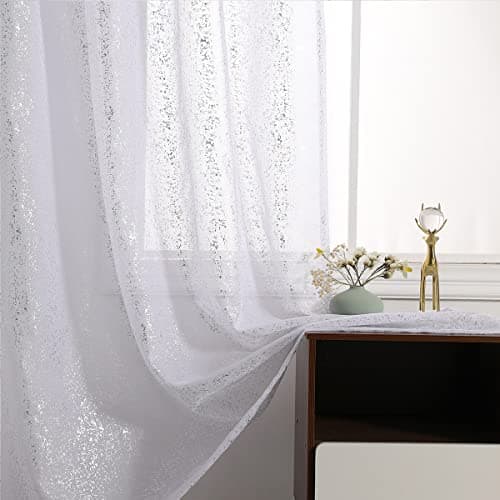 Image of TERLYTEX Sheer Sparkle Curtains for Living Room - Chic Glitter White Sheer Curtains 84 Inch Length, Metallic Silver Foil Shiny Privacy Sheer Window Curtains, 52 x 84 Inch, 2 Panels, Silver White