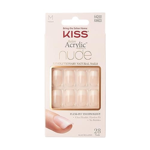 Image of KISS Salon Acrylic French Nude Collection, Cashmere, Medium Length Nude Fake Nails, Includes False Nails, Nail Glue, Nail File, and Manicure Stick, 28 Count (Pack of 1)