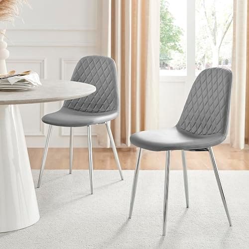 Image of Furniturebox UK Corona Dining Chairs Set of 2 Contemporary & Luxurious Diamond Stitched Dining Seats - Soft & Comfortable - Elephant Grey Faux Leather & Silver Chrome Metal Legs (Set of 2)