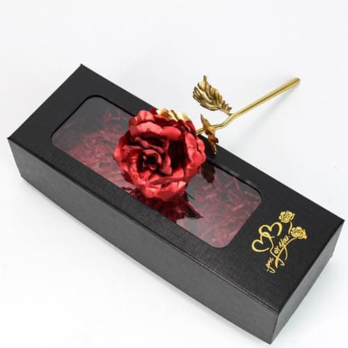 Image of WORUIB Forever Rose Gold Rose, Glitter Roses with Gift Box, Romantic Red Rose for Valentine's Day, Mother's Day, Birthday, Anniversary, Home Decor, Black Display Case with Handbag and Raffia