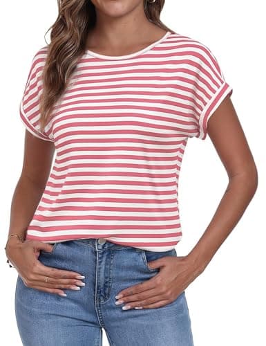 Image of Terecey Womens Oversized T Shirts Summer Color Block Striped Tops Crew Neck Short Sleeve Blouses Loose Casual Comfy T Shirts, Navy Blue+White Stripes S